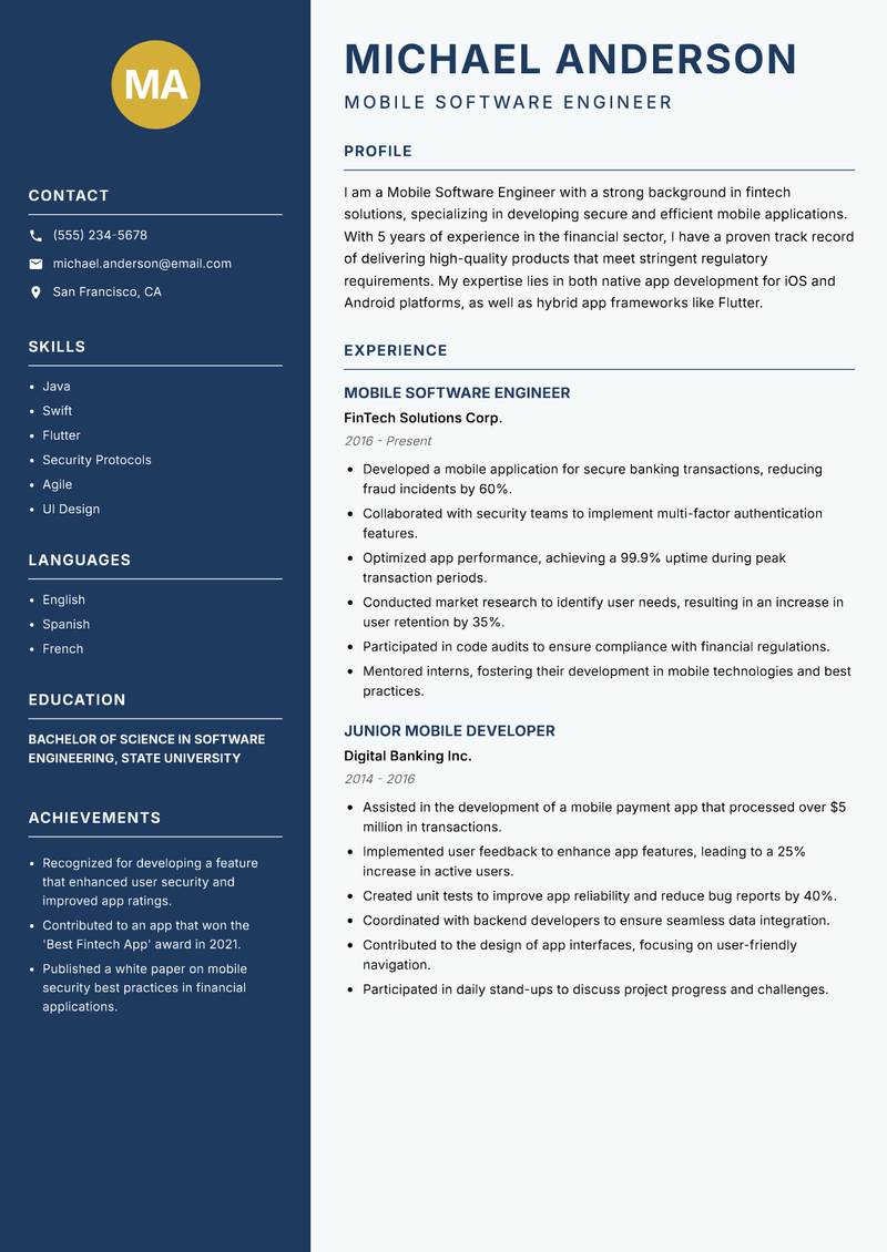 Mobile Software Engineer resume template — Classic Clean