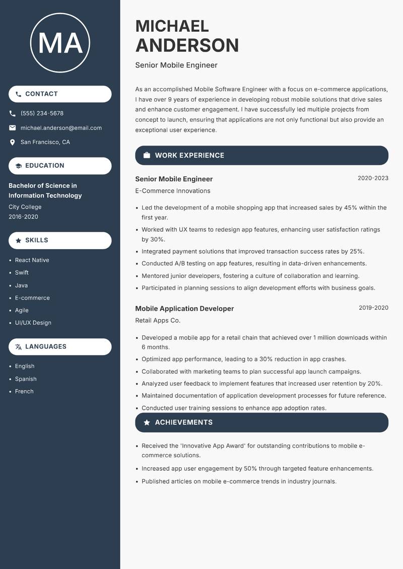 Mobile Software Engineer resume template — Compact
