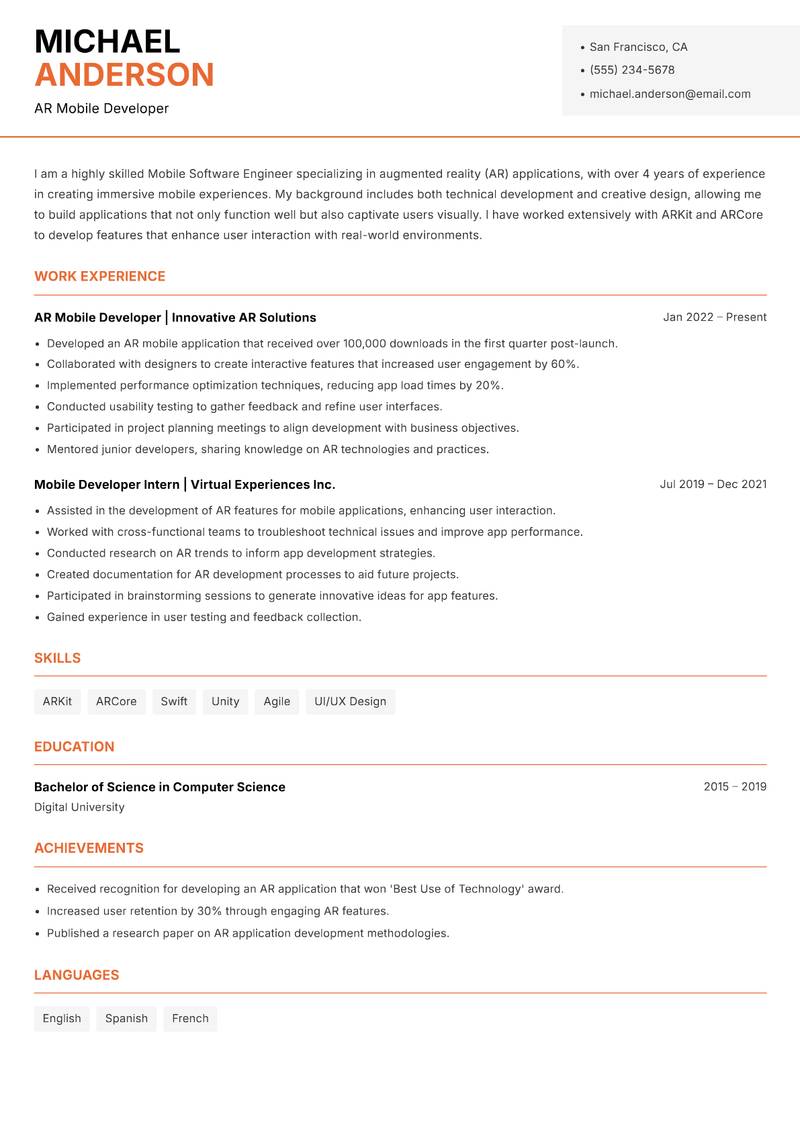 Mobile Software Engineer resume template — Modern Professional