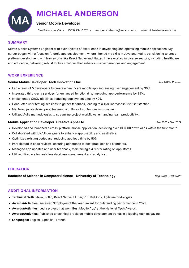 Mobile Systems Engineer resume example — ATS-friendly template