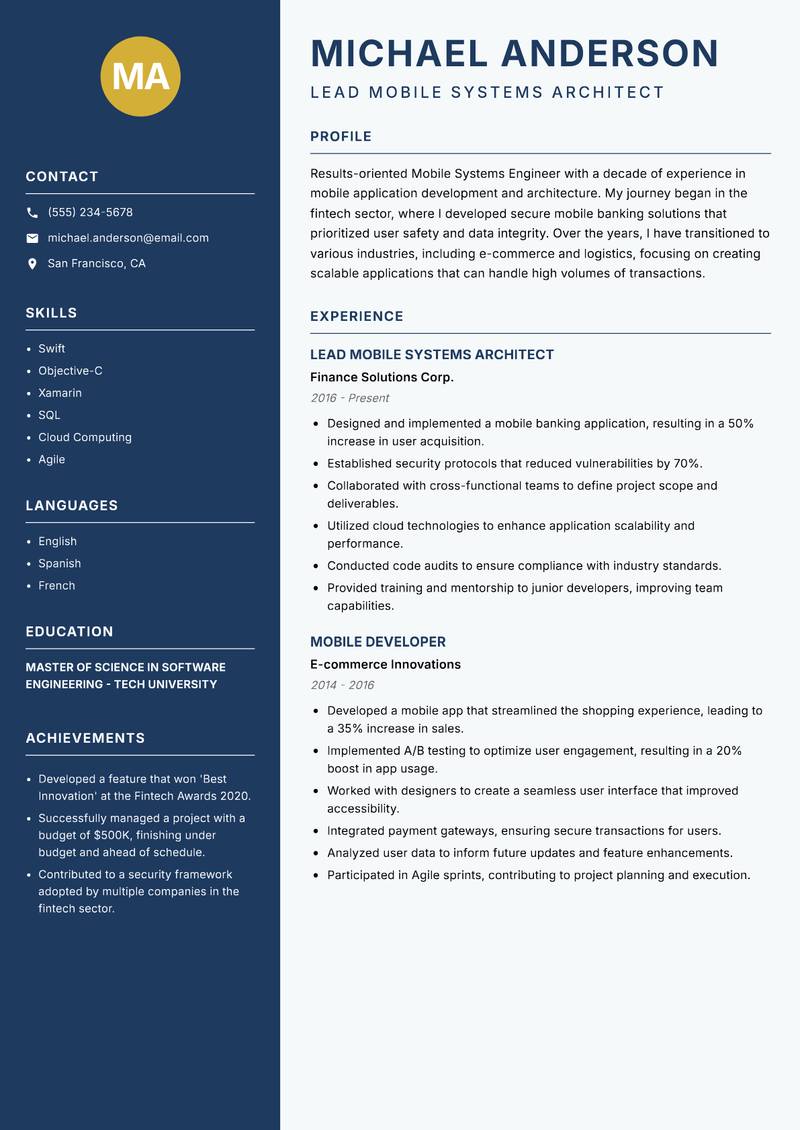 Mobile Systems Engineer resume template — Classic Clean