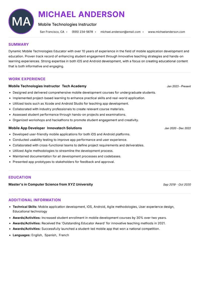 Mobile Technologies Educator resume example — ATS-friendly template
