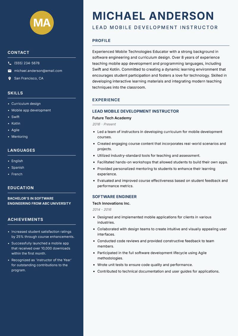 Mobile Technologies Educator resume template — Classic Clean