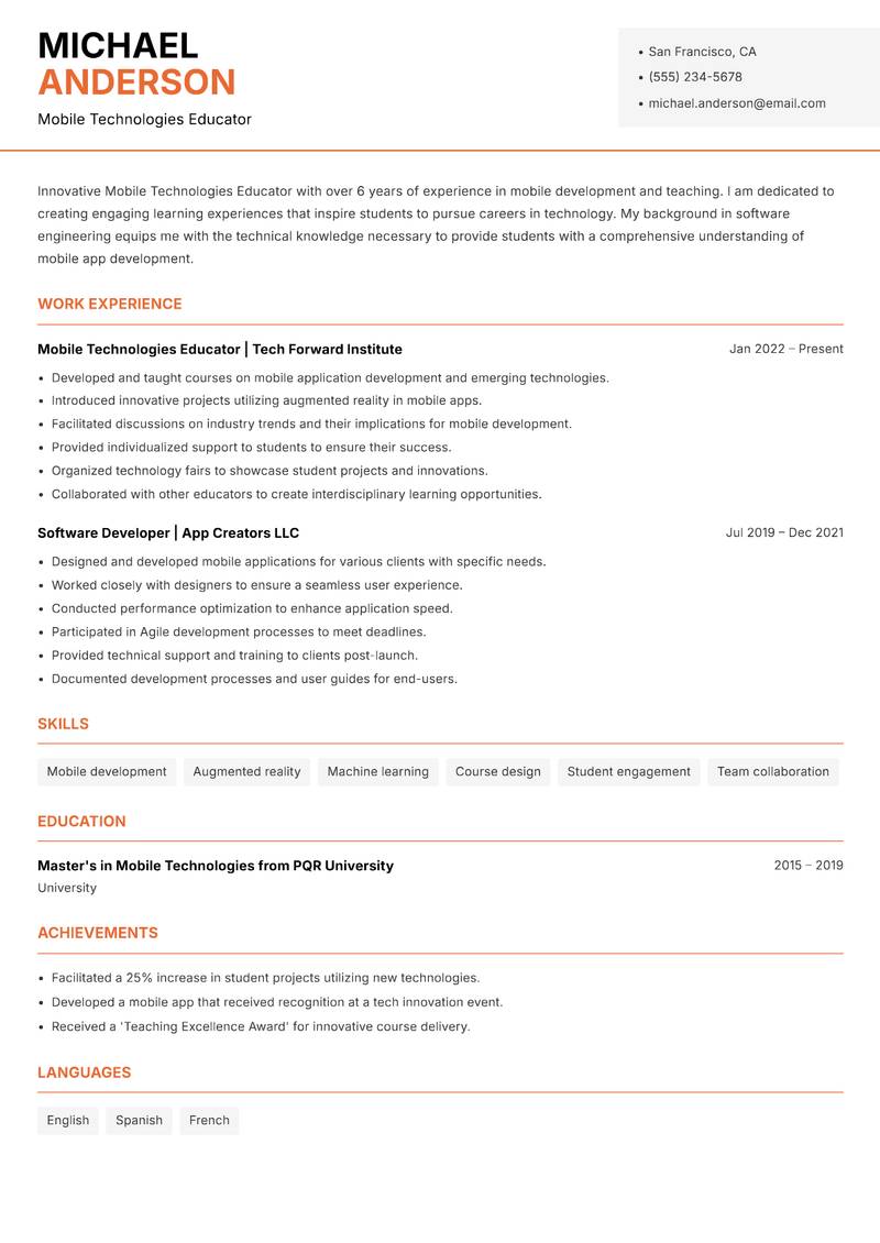 Mobile Technologies Educator resume template — Modern Professional