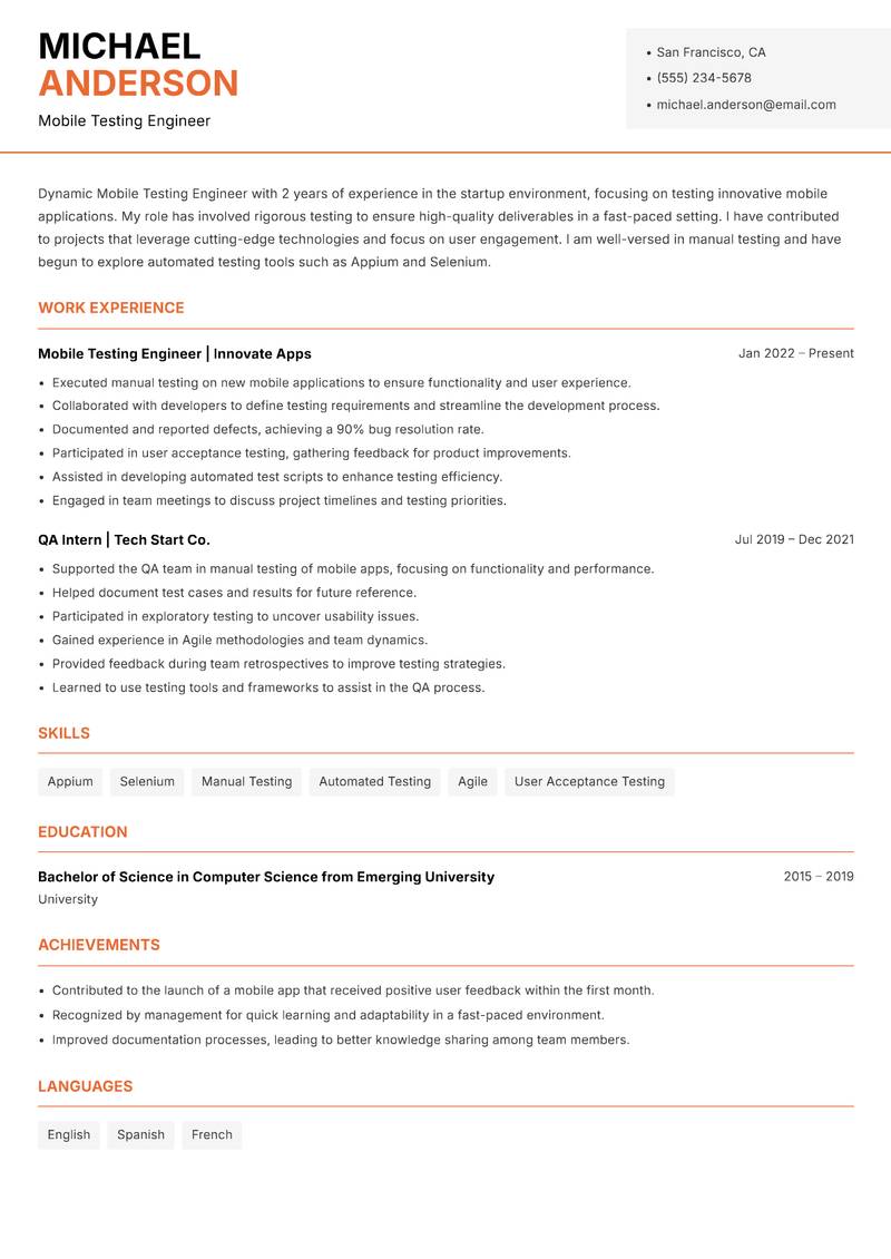 Mobile Testing Engineer resume template — Modern Professional