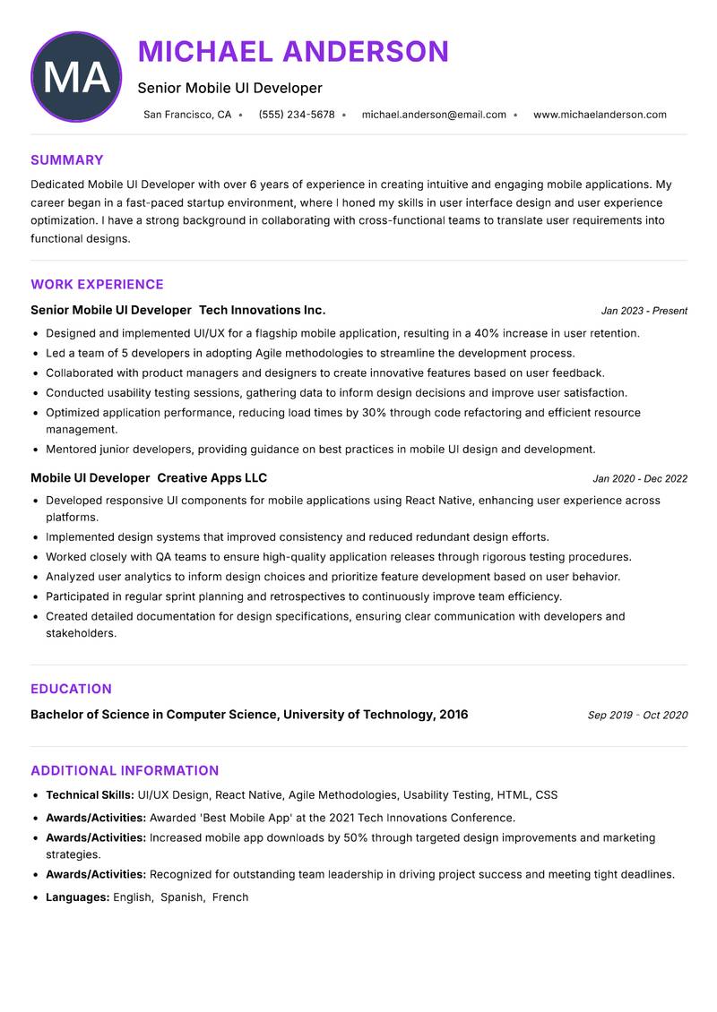 Mobile UI Developer resume example — ATS-friendly template