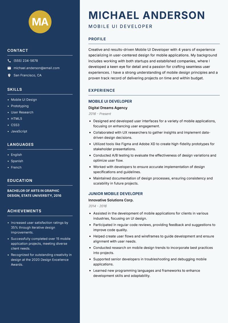Mobile UI Developer resume template — Classic Clean