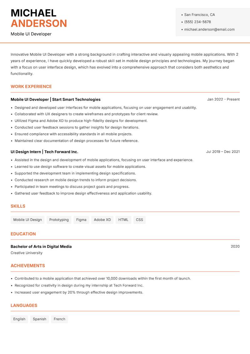 Mobile UI Developer resume template — Modern Professional