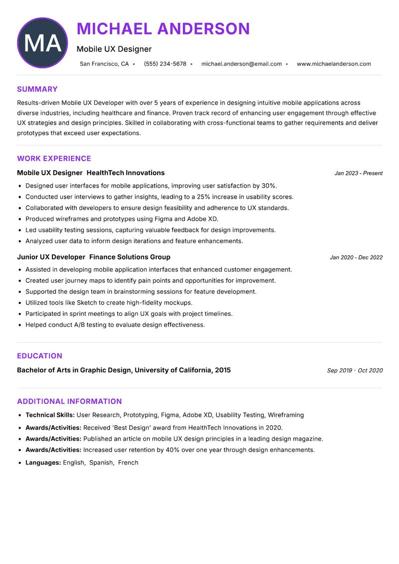 Mobile UX Developer resume example — ATS-friendly template