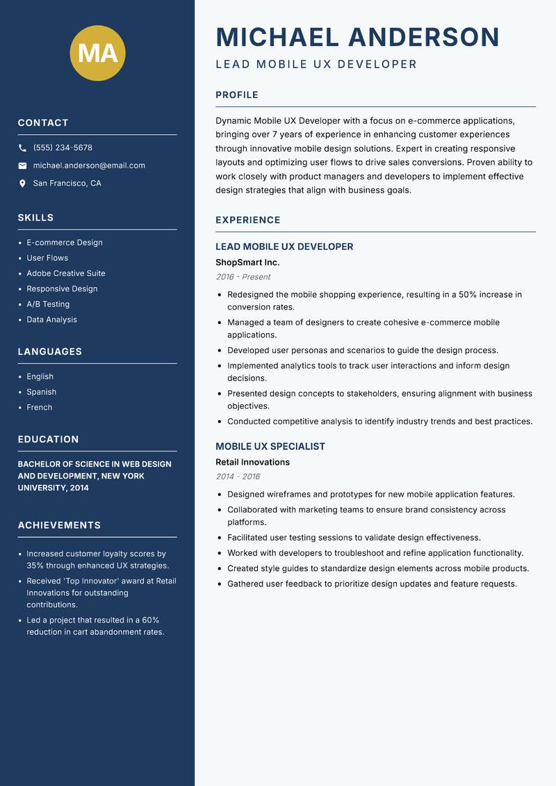 Mobile UX Developer resume template — Classic Clean