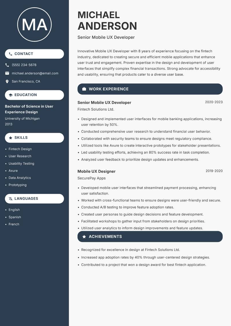 Mobile UX Developer resume template — Compact