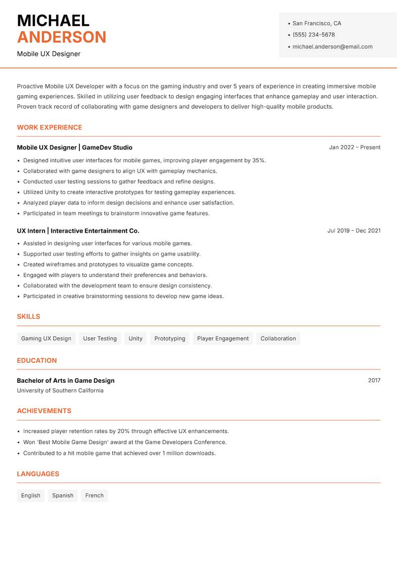 Mobile UX Developer resume template — Modern Professional