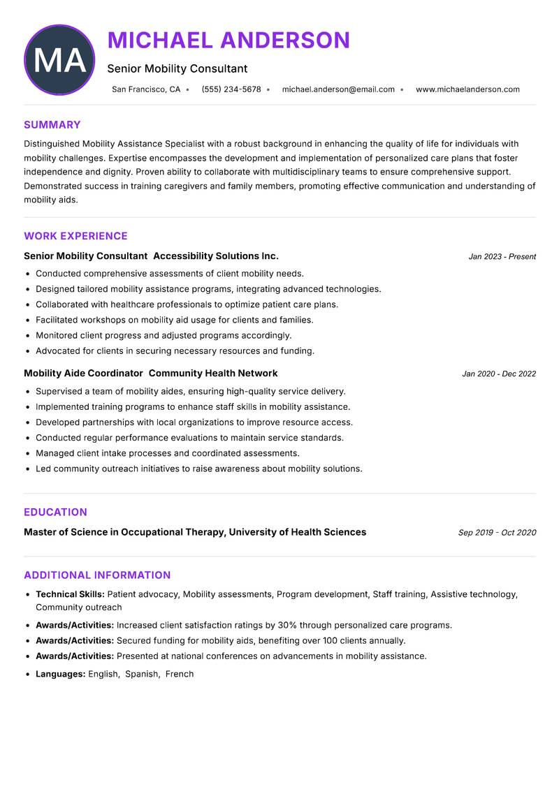 Mobility Assistance Specialist resume example — ATS-friendly template