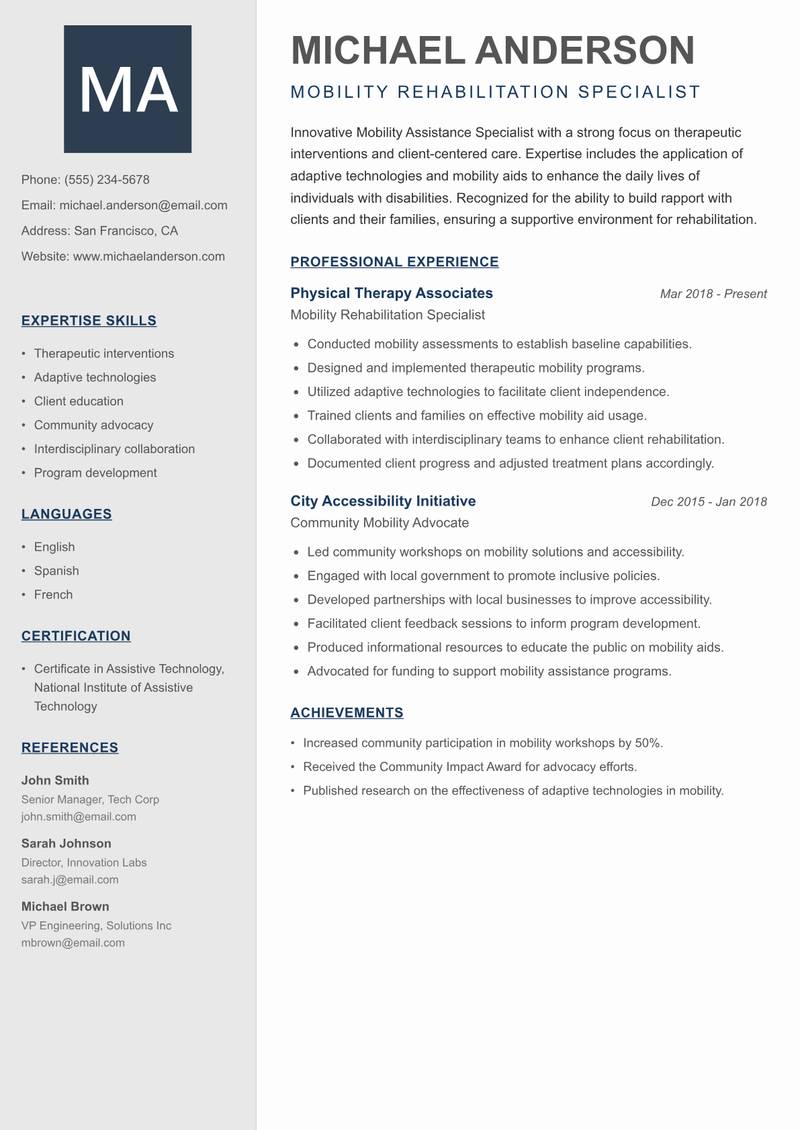 Mobility Assistance Specialist resume template — Creative Minimal