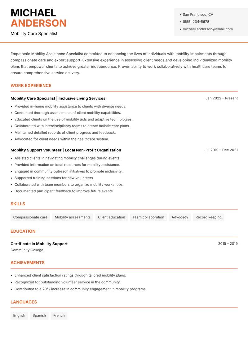 Mobility Assistance Specialist resume template — Modern Professional