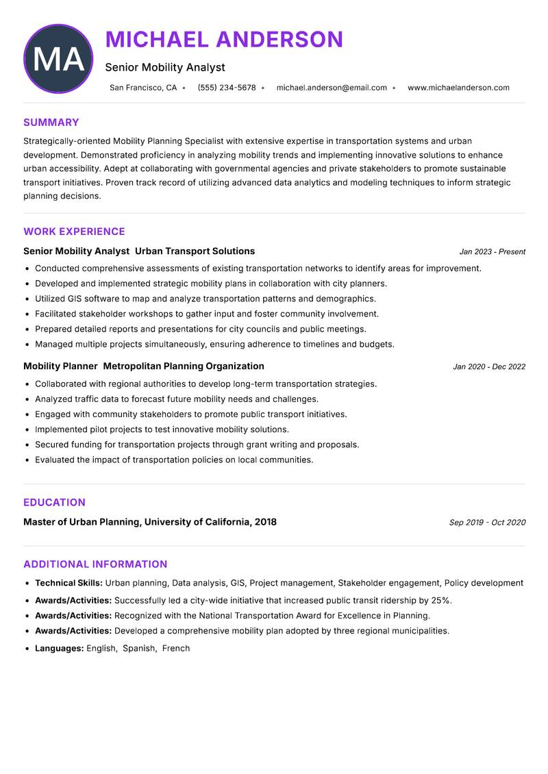 Mobility Planning Specialist resume example — ATS-friendly template