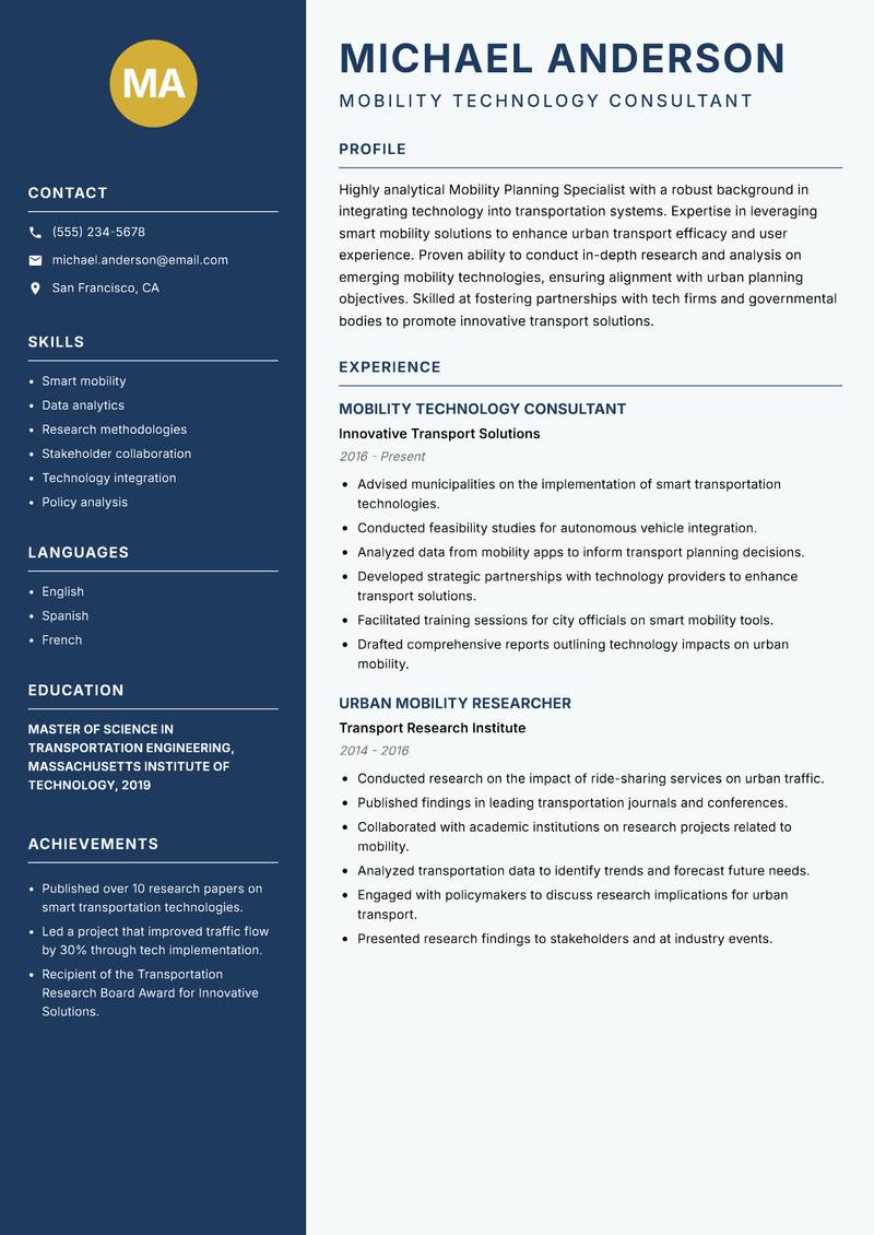 Mobility Planning Specialist resume template — Classic Clean