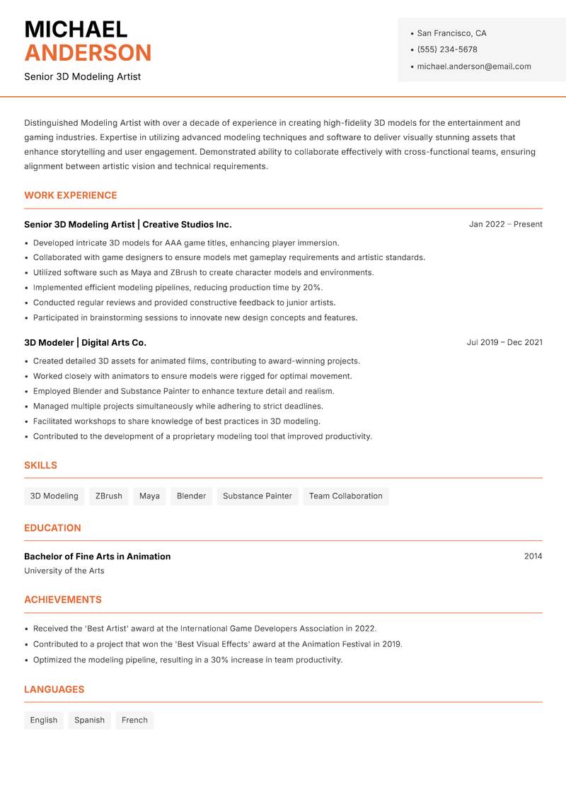 Modeling Artist resume template — Modern Professional
