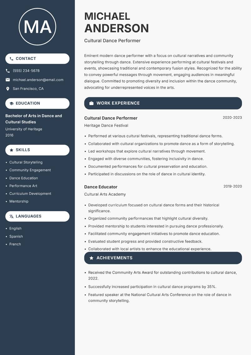 Modern Dance Performer resume template — Compact