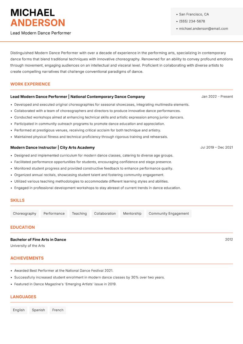 Modern Dance Performer resume template — Modern Professional