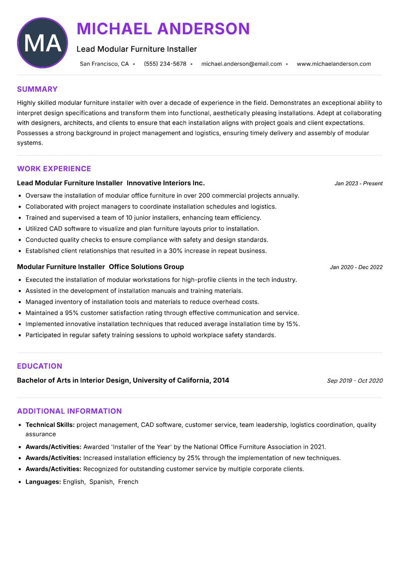 Modular Furniture Installer resume example — ATS-friendly template