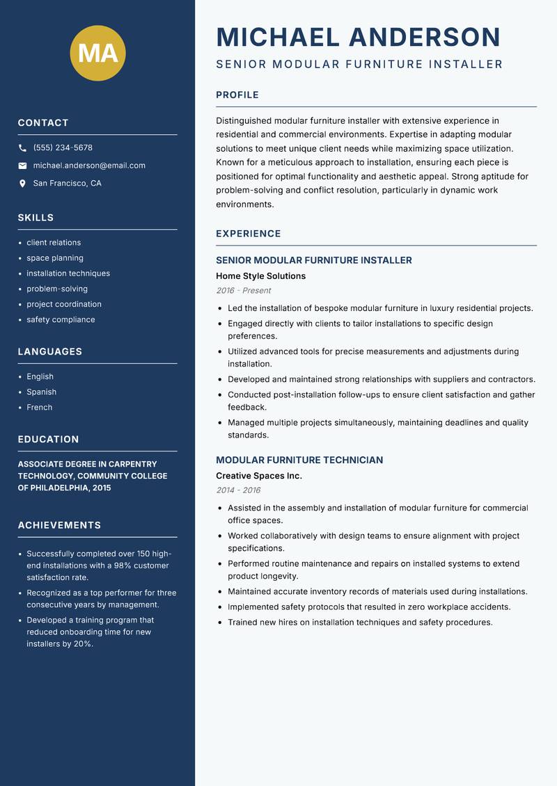 Modular Furniture Installer resume template — Classic Clean