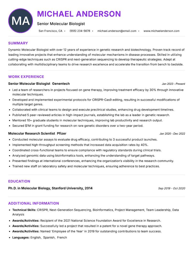Molecular Biologist resume example — ATS-friendly template