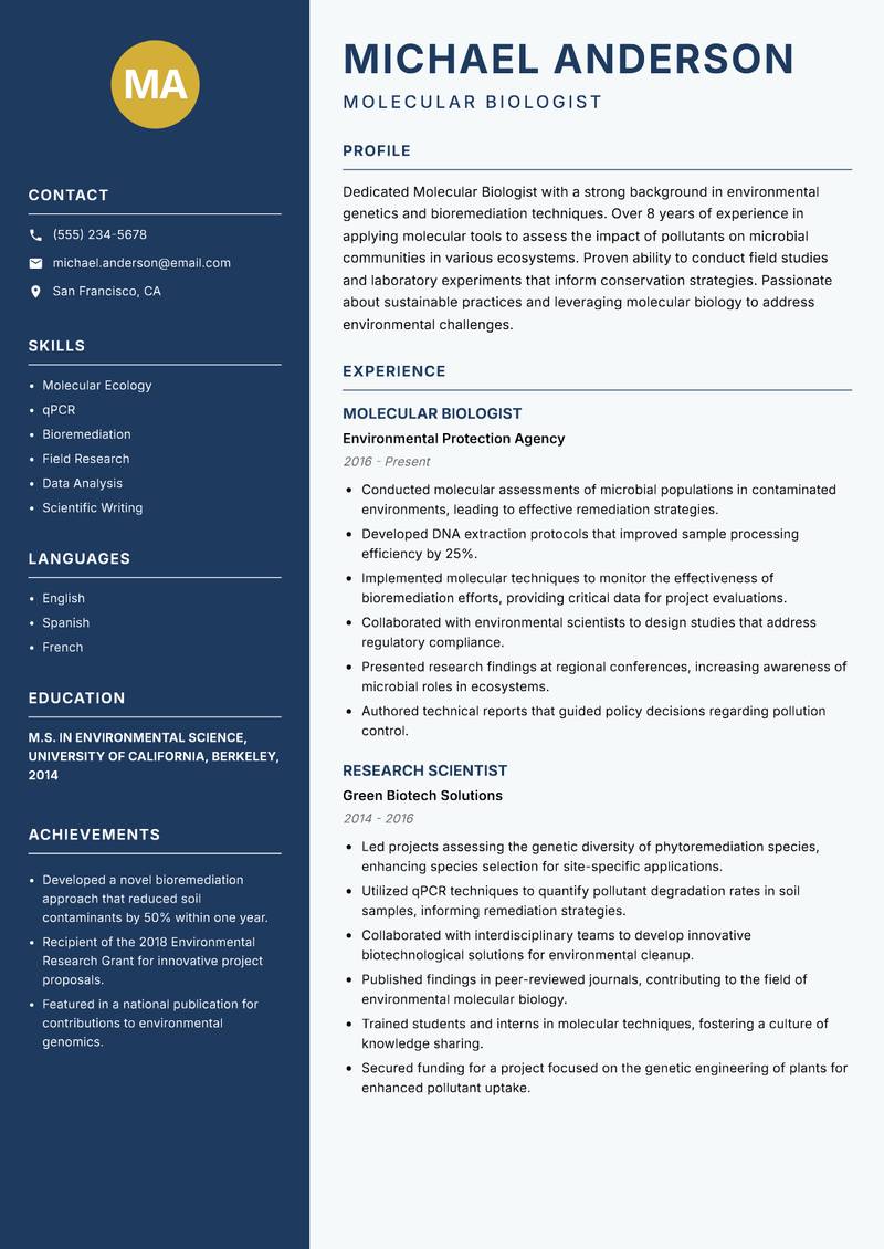 Molecular Biologist resume template — Classic Clean