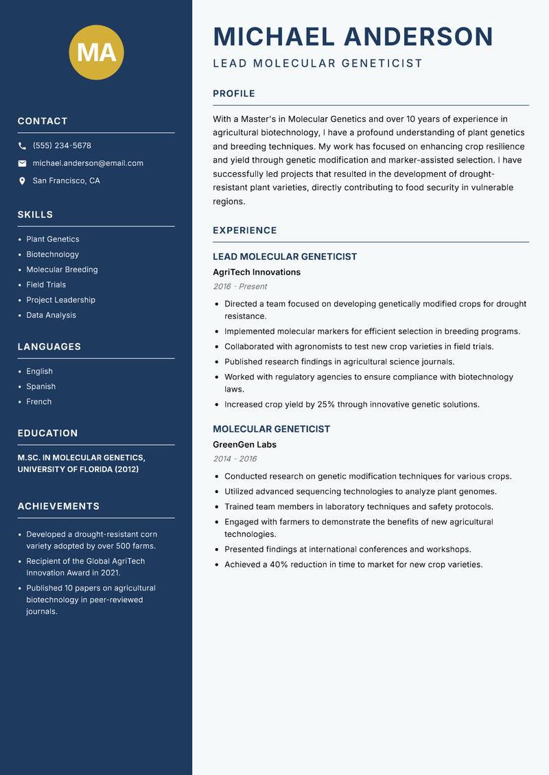 Molecular Geneticist resume template — Classic Clean