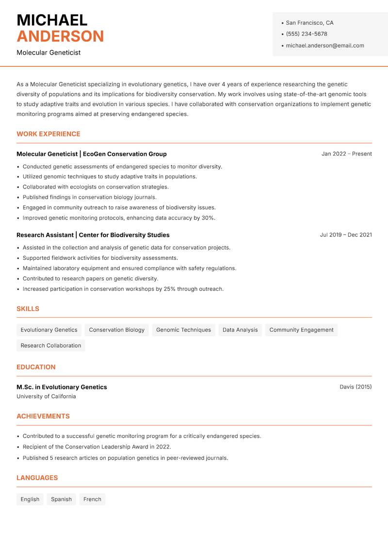 Molecular Geneticist resume template — Modern Professional