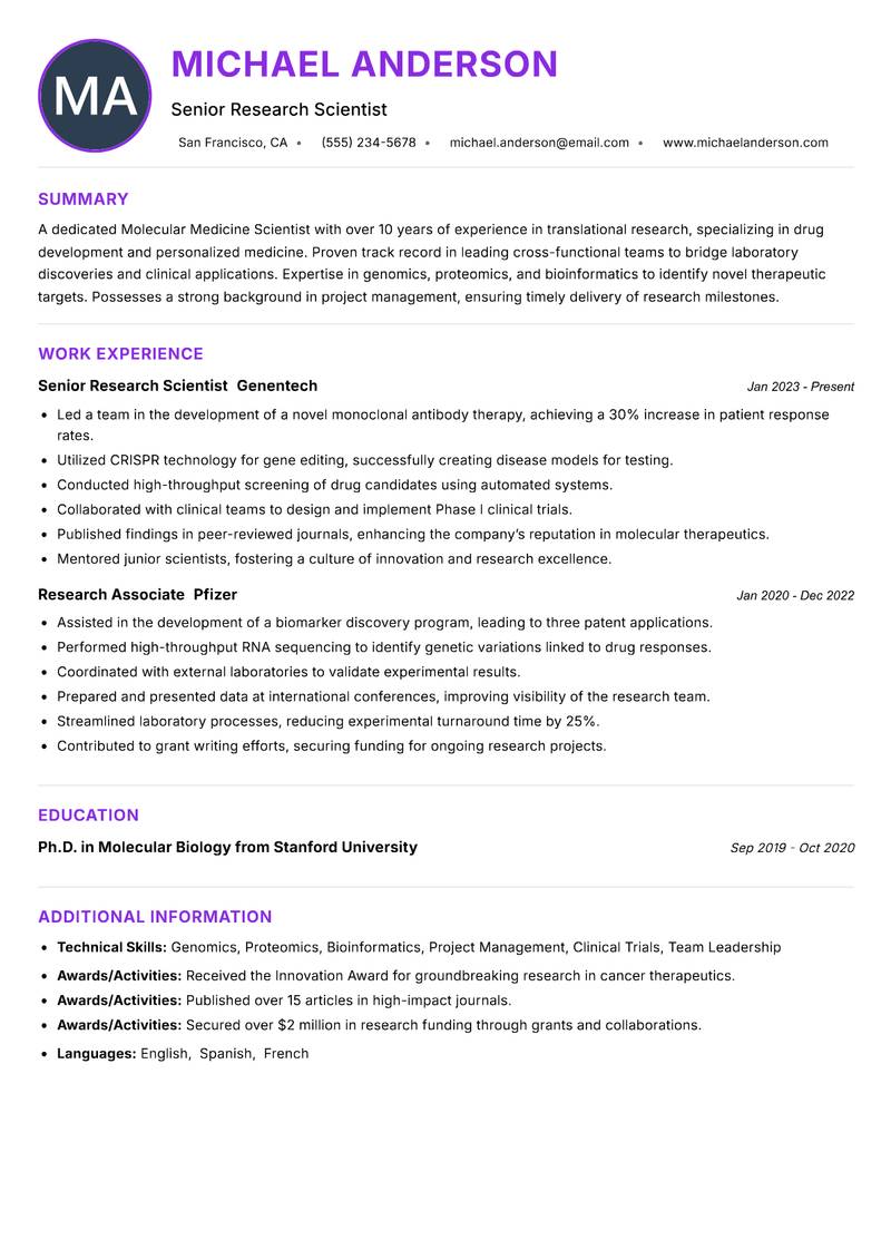 Molecular Medicine Scientist resume example — ATS-friendly template
