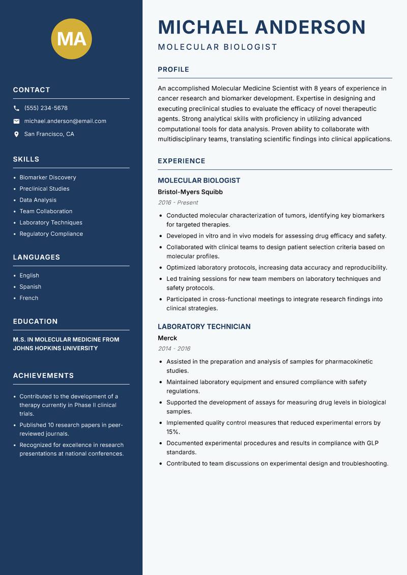 Molecular Medicine Scientist resume template — Classic Clean