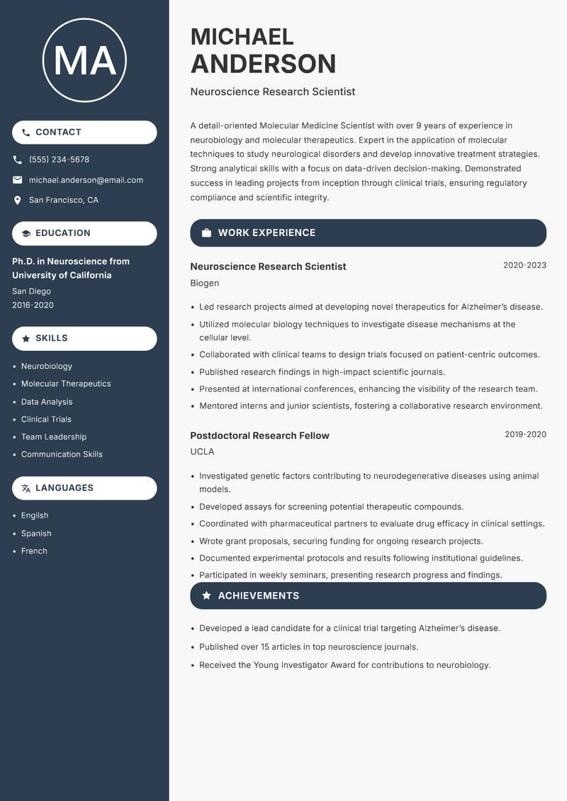 Molecular Medicine Scientist resume template — Compact
