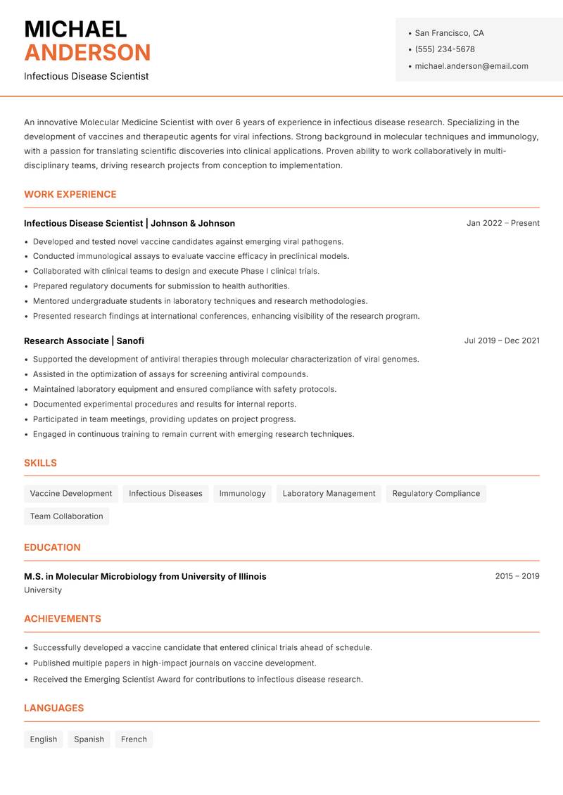 Molecular Medicine Scientist resume template — Modern Professional