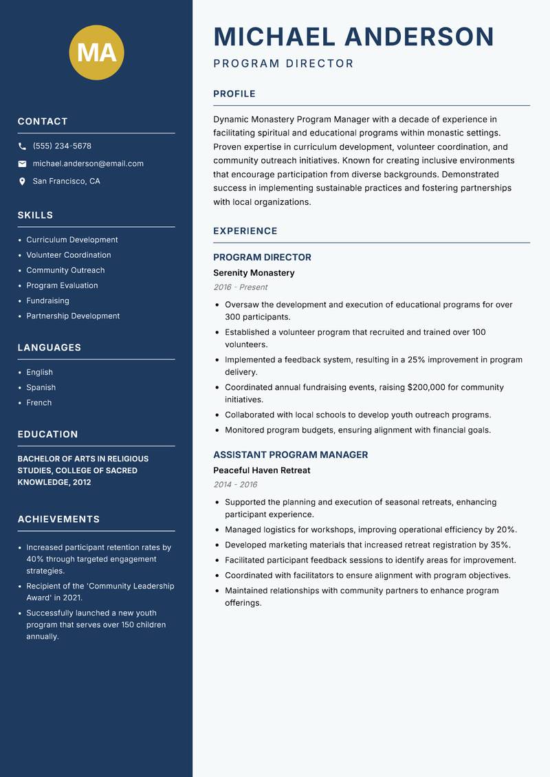 Monastery Program Manager resume template — Classic Clean