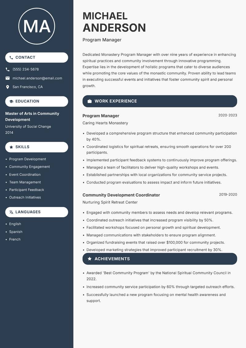 Monastery Program Manager resume template — Compact
