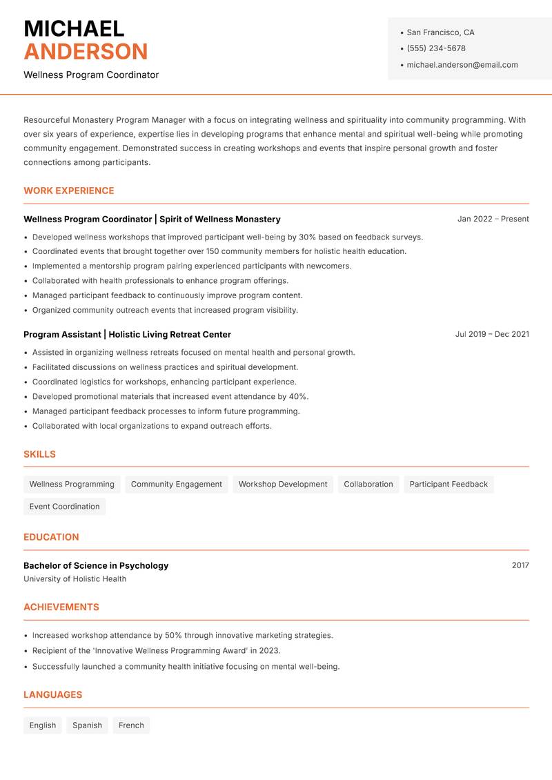 Monastery Program Manager resume template — Modern Professional