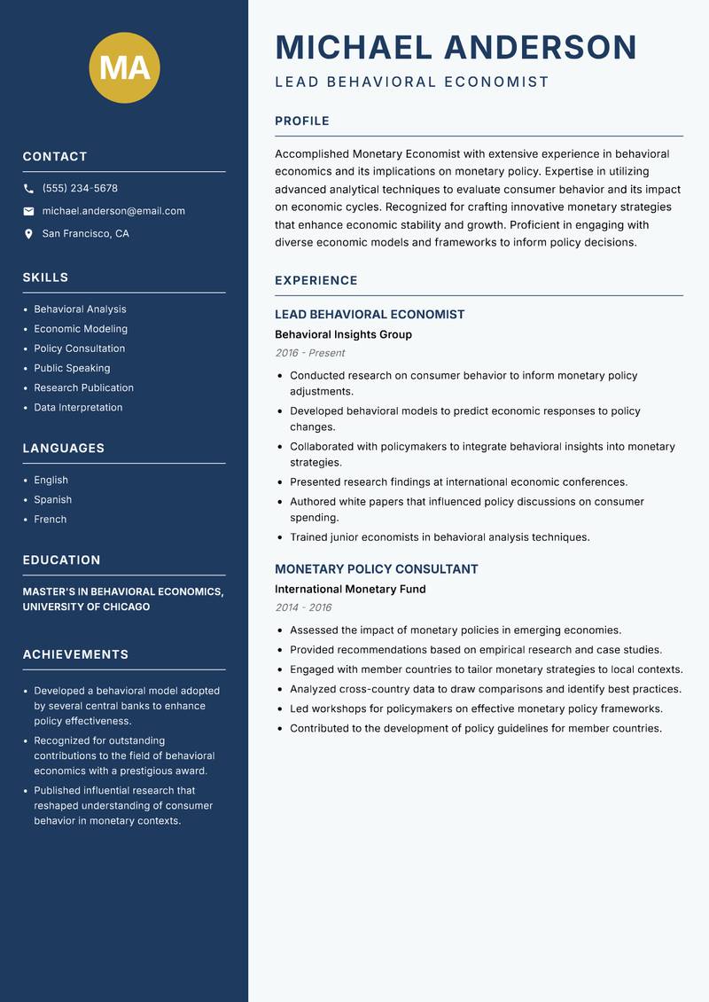 Monetary Economist resume template — Classic Clean