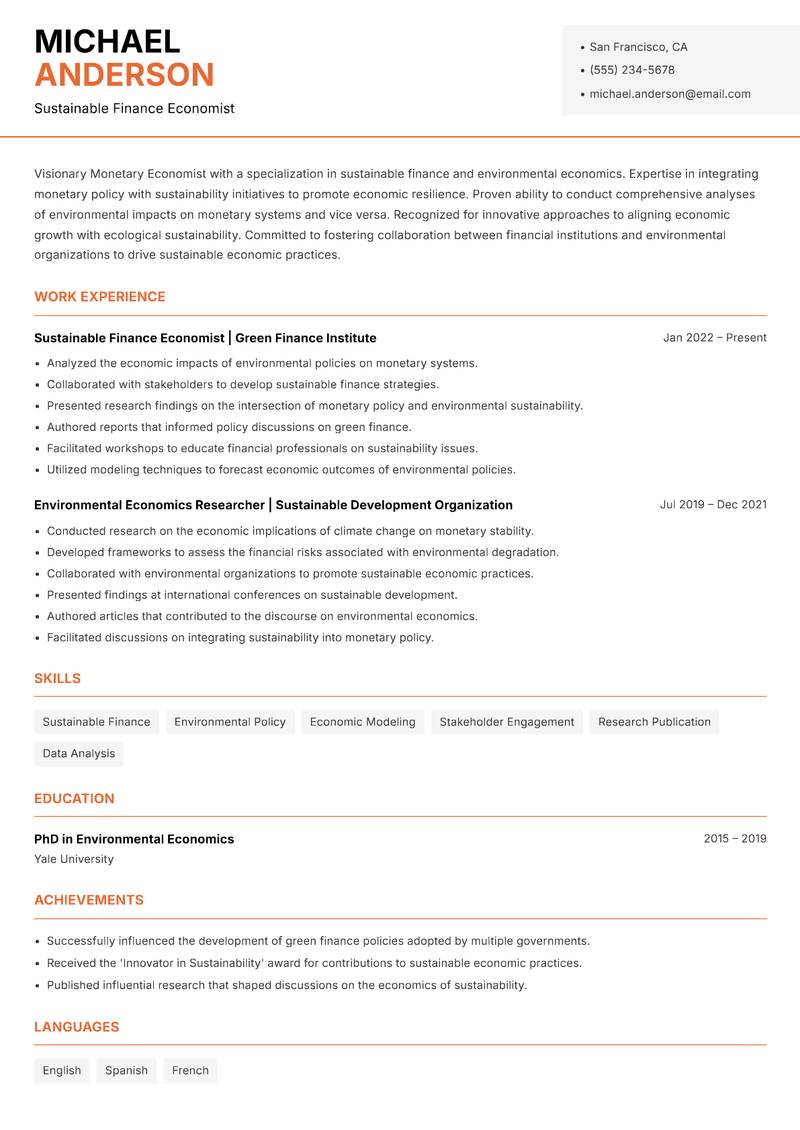 Monetary Economist resume template — Modern Professional