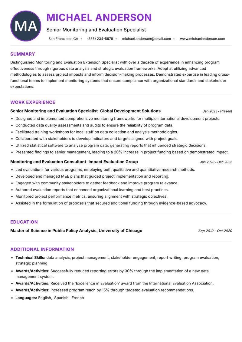 Monitoring and Evaluation Extension Specialist resume example — ATS-friendly template