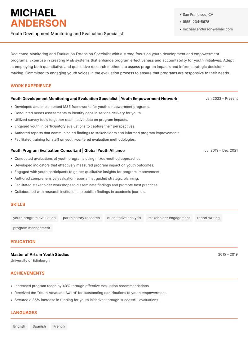 Monitoring and Evaluation Extension Specialist resume template — Modern Professional