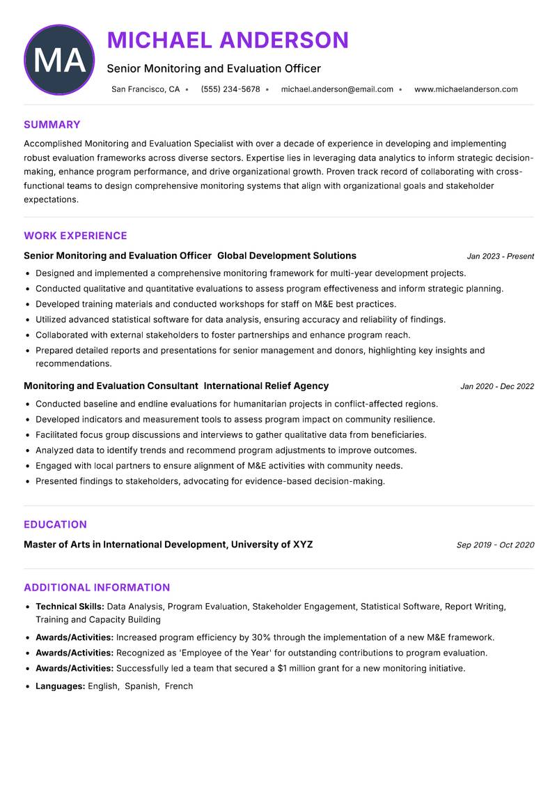 Monitoring and Evaluation Specialist resume example — ATS-friendly template