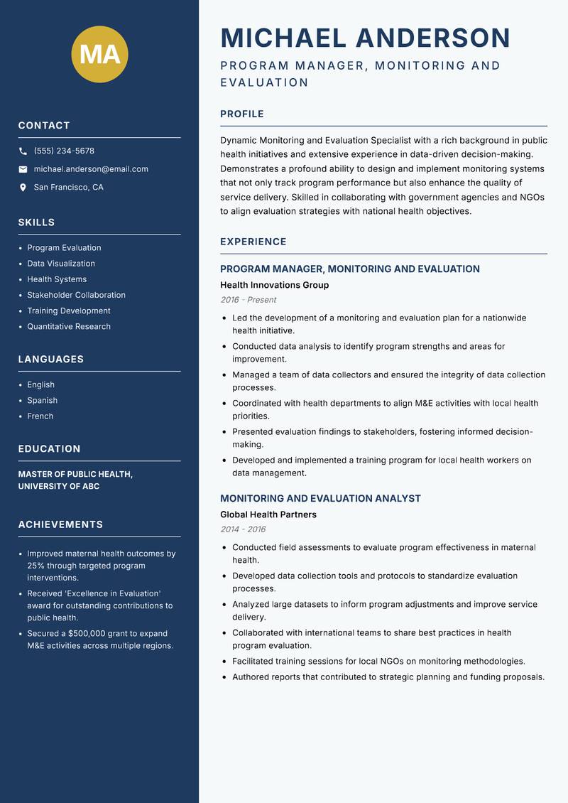 Monitoring and Evaluation Specialist resume template — Classic Clean