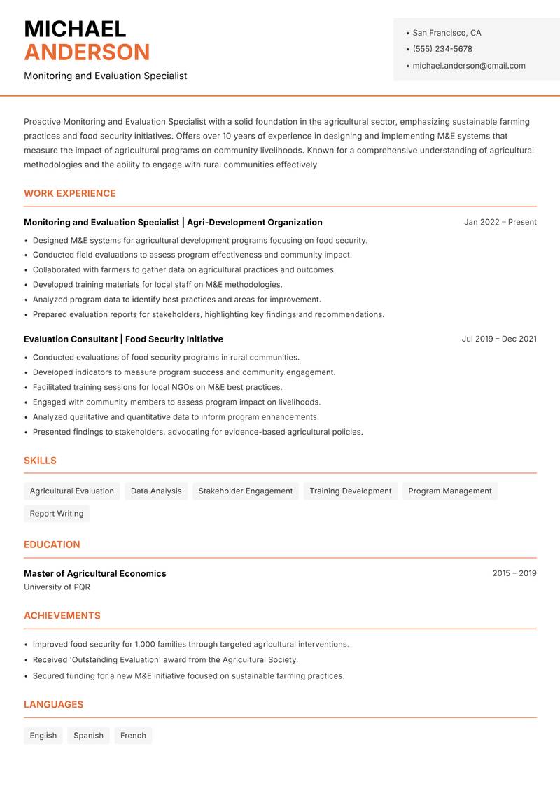 Monitoring and Evaluation Specialist resume template — Modern Professional