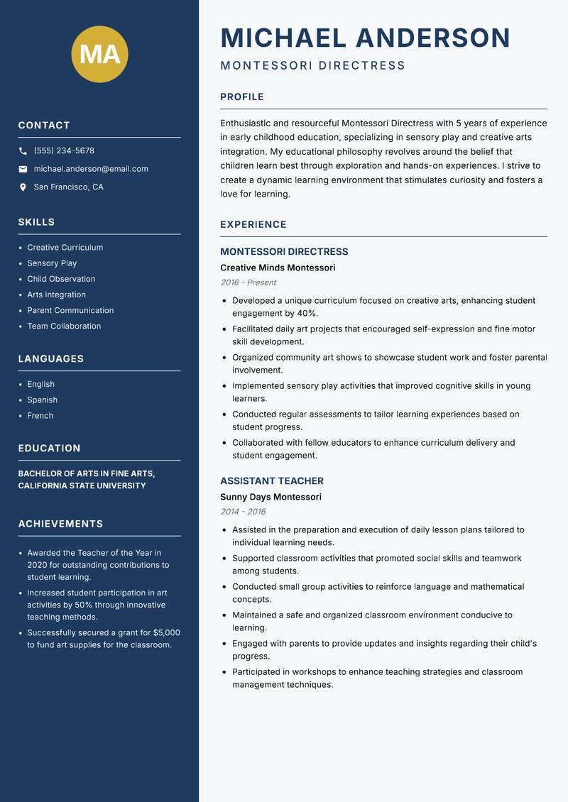 Montessori Directress resume template — Classic Clean