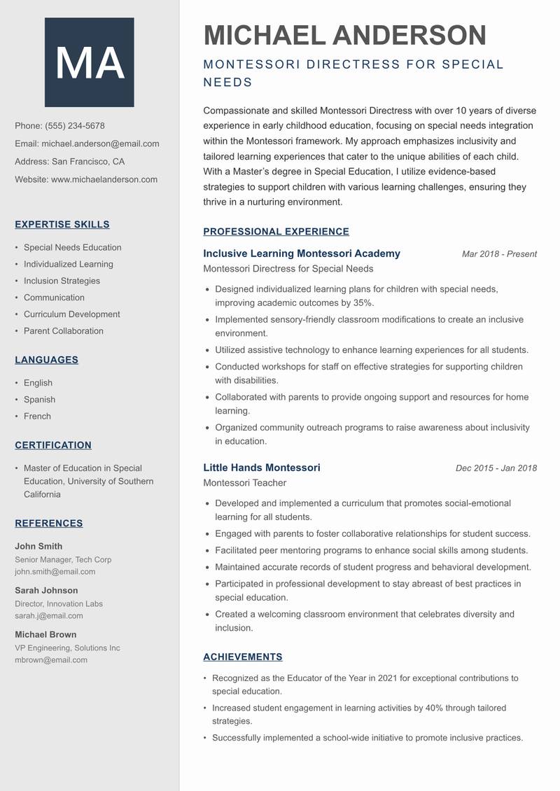 Montessori Directress resume template — Creative Minimal