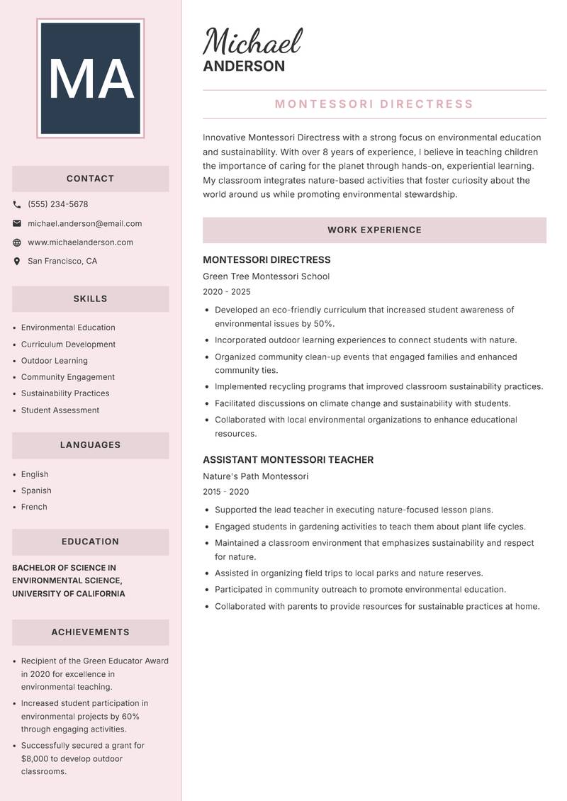 Montessori Directress resume template — Executive