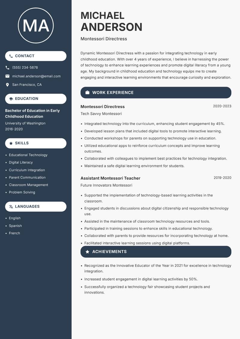 Montessori Directress resume template — Compact