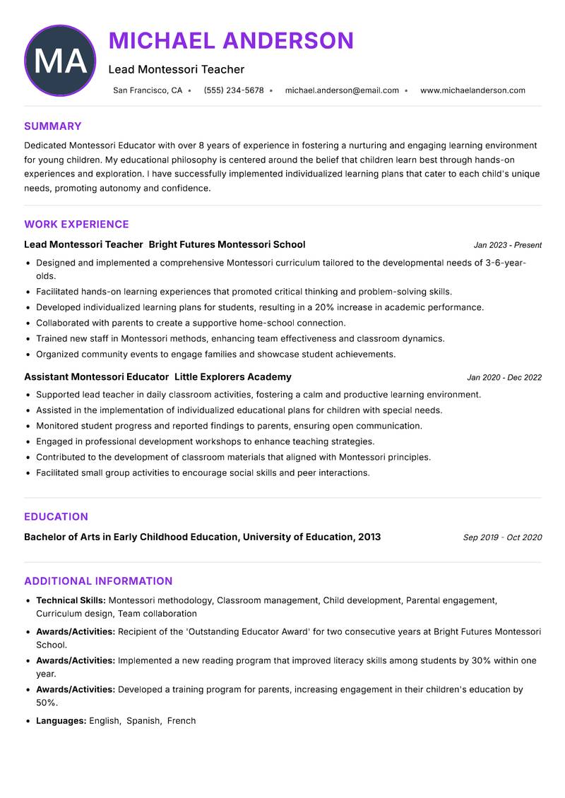 Montessori Educator resume example — ATS-friendly template