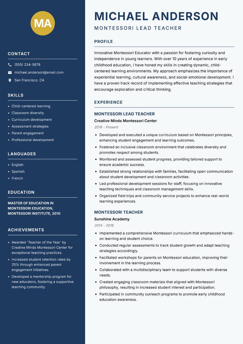 Montessori Educator resume template — Classic Clean